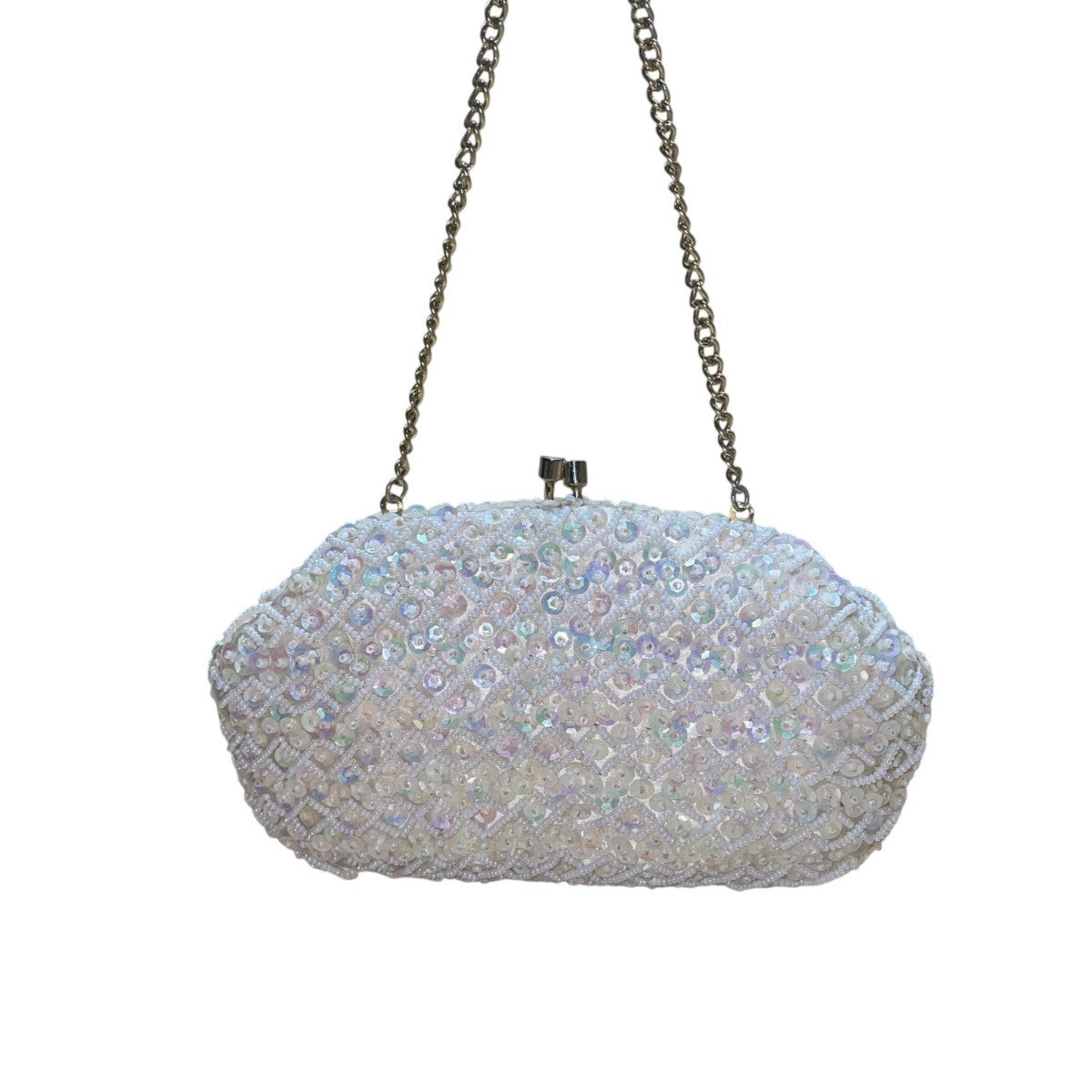 Handmade Women’s White Beaded & Sequin Evening Clutch Bag With Chain Strap