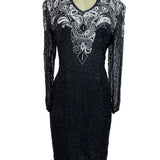 Black & Silver Sequin Beaded Womens Dress Long Sleeve Elegant Design Size M