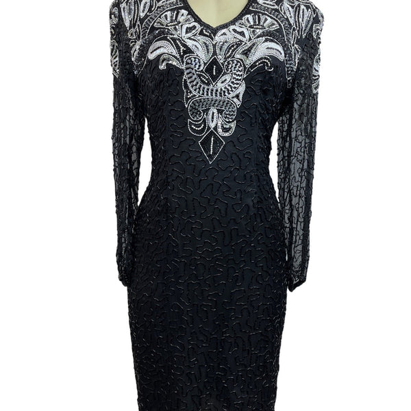 Black & Silver Sequin Beaded Womens Dress Long Sleeve Elegant Design Size M