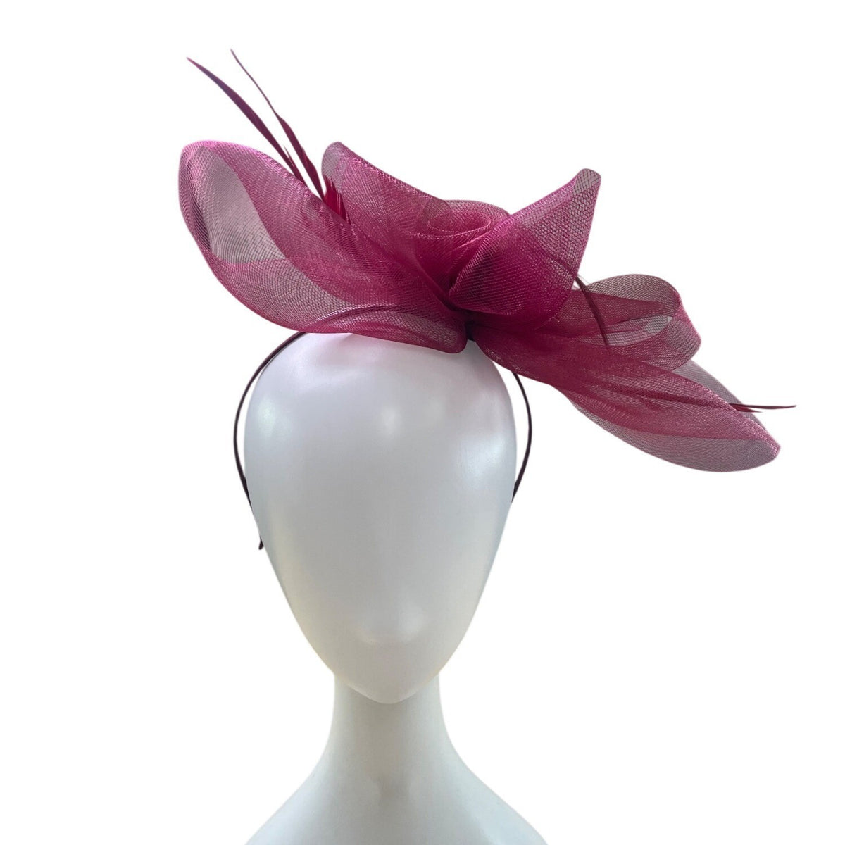 Saks Fifth Avenue Women Red Mesh Fascinator With Feathers Elegant Headwear