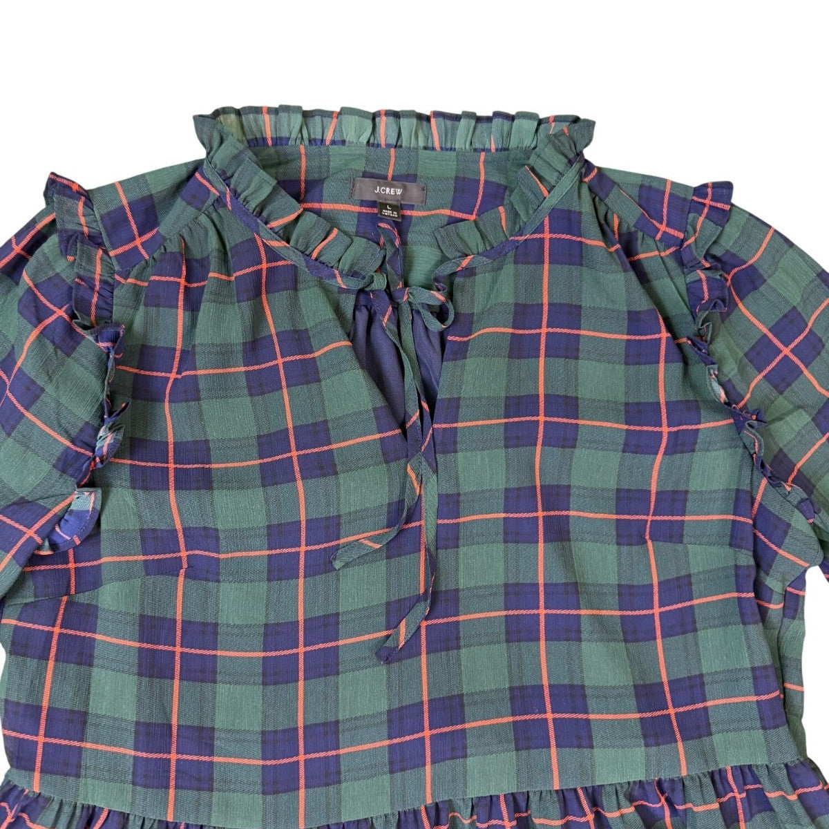 J.Crew Womens Green Plaid Polyester Long Sleeve Tiered Midi Dress Size L