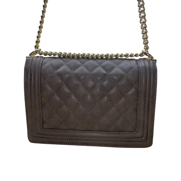 Bebe Women’s Gray Faux Leather Quilted With Gold Chain Strap Shoulder Bag