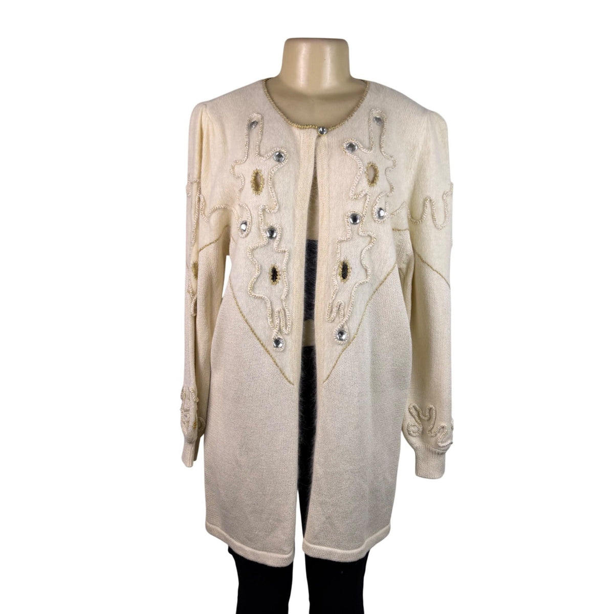 Vintage Madeleine Womens Ivory Embellished Cardigan Long Sleeve Open Front Sz L