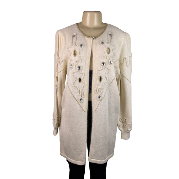 Vintage Madeleine Womens Ivory Embellished Cardigan Long Sleeve Open Front Sz L