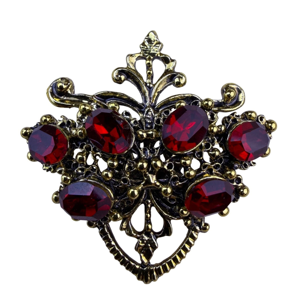 Gold-Tone Red Glass Brooch & Clip-On Earrings Set Victorian-Inspired Jewelry