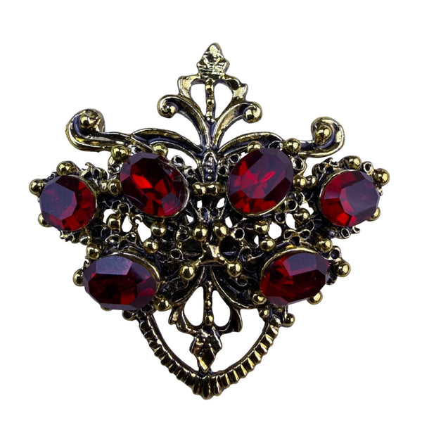 Gold-Tone Red Glass Brooch & Clip-On Earrings Set Victorian-Inspired Jewelry