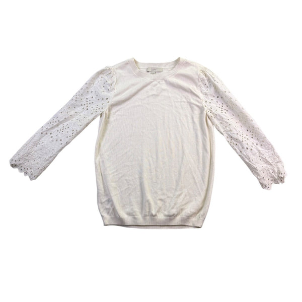 Loft Womens Ivory Cotton Blend Embroidered Puff Sleeve Pullover Sweater Size S
