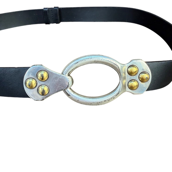 Chicos Womens Black Split Leather Circle Buckle Belt Rivet Detail Size S/M