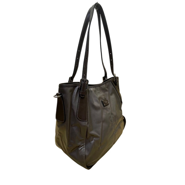 Tods Women’s Gray Patent & Brown Double Strap Signature Logo Accent Tote Bag