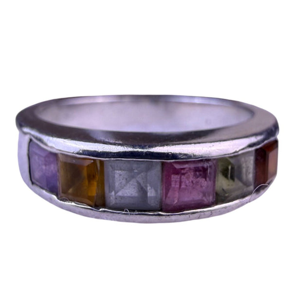 Vintage Womens Silver Tone & Multi-Color Gemstone Channel Set Ring Size 8