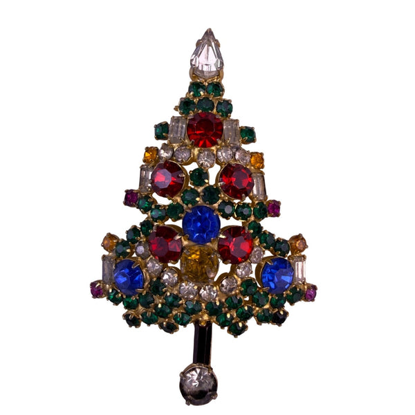 Warner Multicolor Rhinestone Christmas Tree Brooch Gold Tone Holiday Vintage Pin