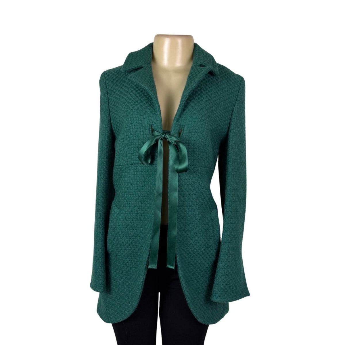 Kristina Ti Green Waffle Coat With Satin Ribbon Tie Waist Made In Italy Size M
