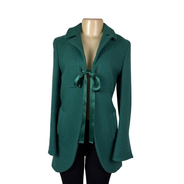 Kristina Ti Green Waffle Coat With Satin Ribbon Tie Waist Made In Italy Size M
