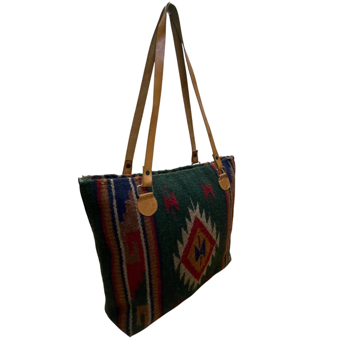 Handcrafted Women’s Green Woven Southwestern Boho With Leather Straps Tote Bag