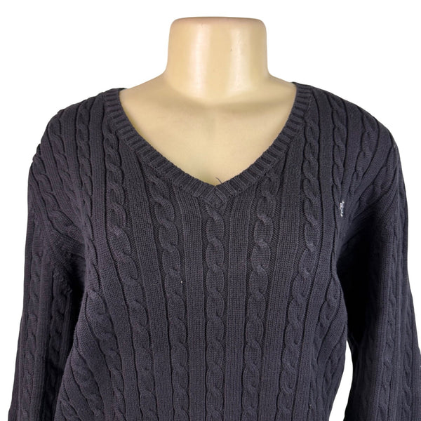 Lauren Ralph Lauren Womens Black Cotton Cable Knit V-Neck Sweater Sz XL