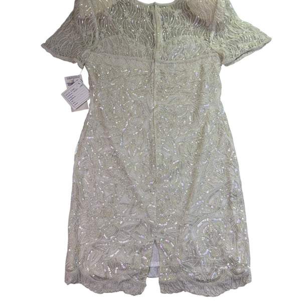 Sweelo Womens Ivory Silk Beaded Short Sleeve Dress Elegant Sequins Layered Sz XL