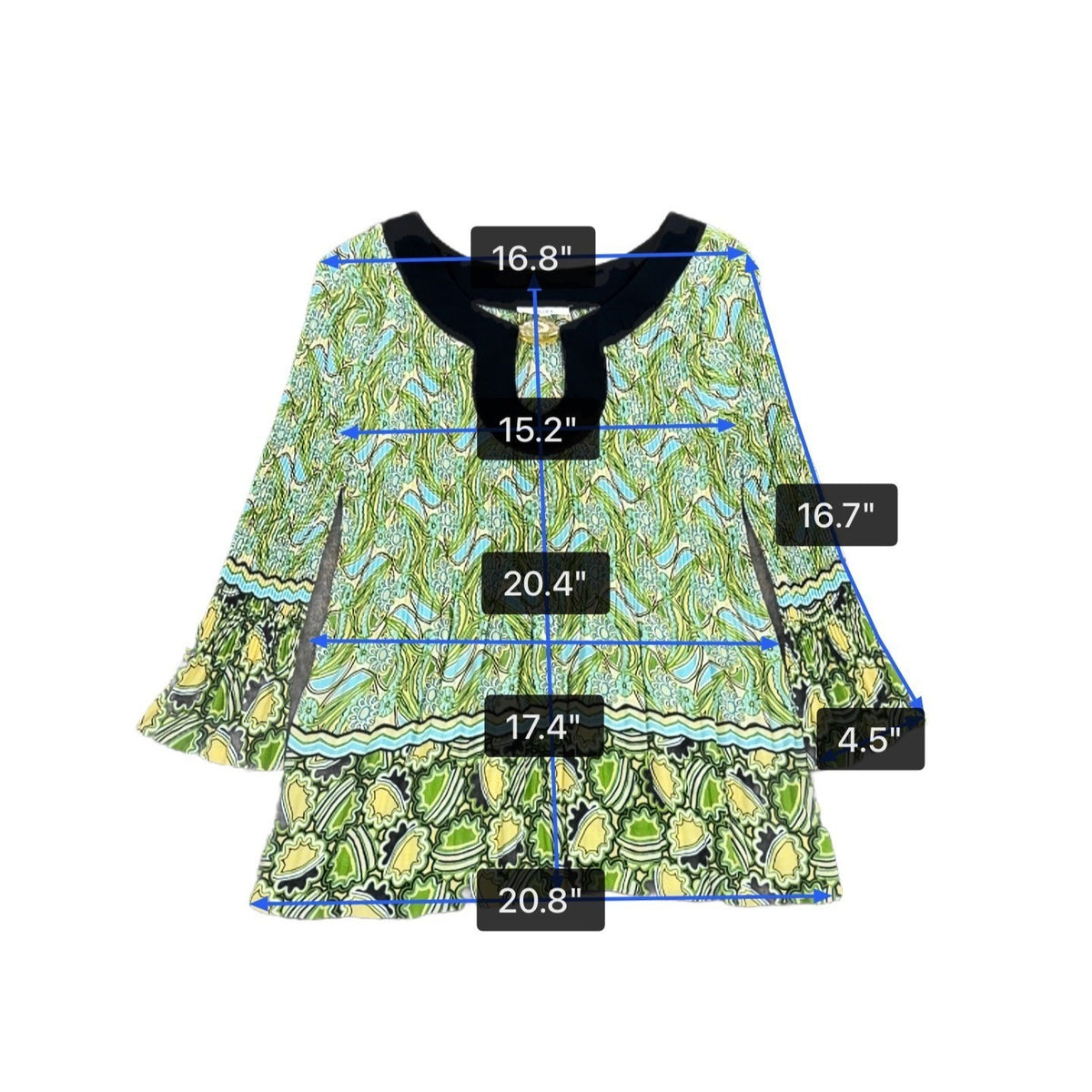 Nicola Womens Green/Blue Keyhole-Neck Boho Tunic With Bell Sleeves Sz P/M