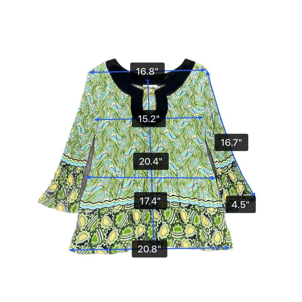 Nicola Womens Green/Blue Keyhole-Neck Boho Tunic With Bell Sleeves Sz P/M