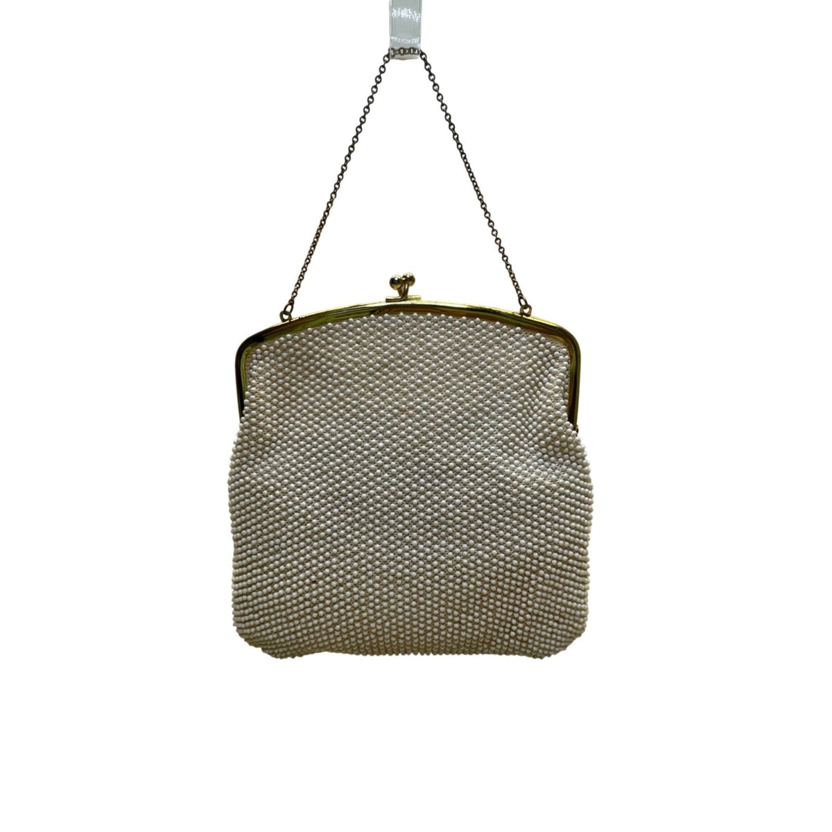 Vintage Women’s White Beaded Evening Clutch Gold Frame Chain Handle