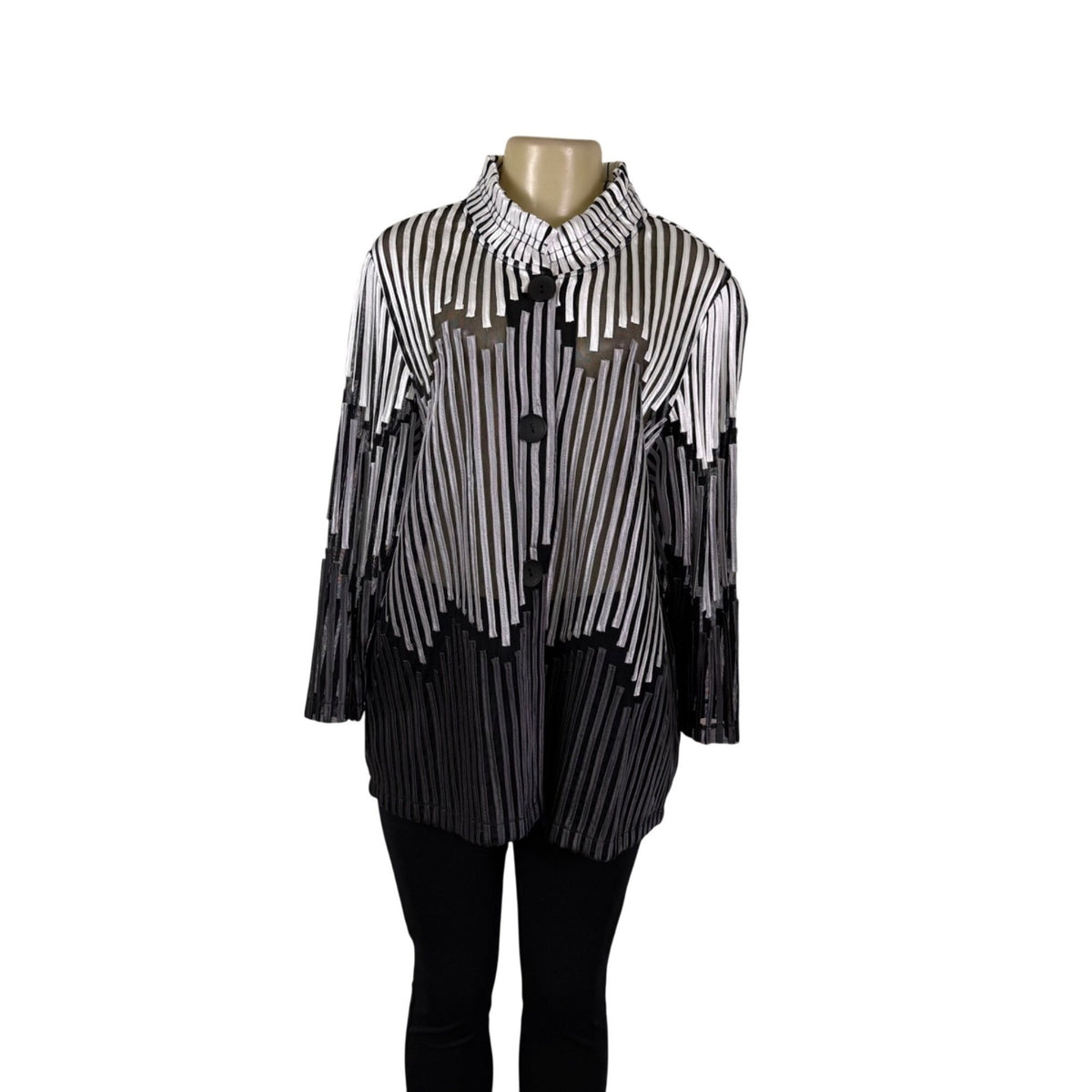 Chicos Womens Black & White Striped Sheer Button-Front Tunic Jacket Size 3 - New