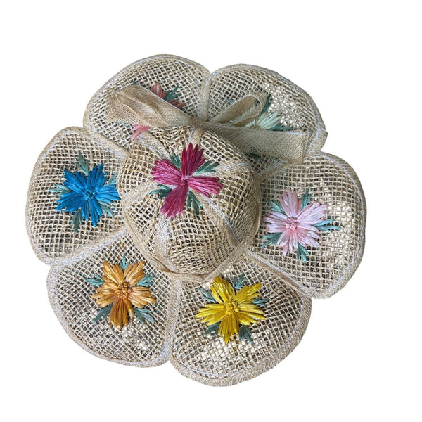 Straw Women Beige Raffia Sun Hat Floral Embroidered Decorative Brim Bow