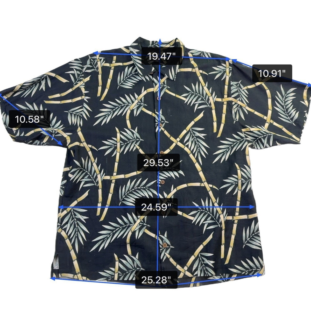 Tommy Bahama Mens Black Bamboo Print Silk Hawaiian Shirt Casual Resortwear Sz L