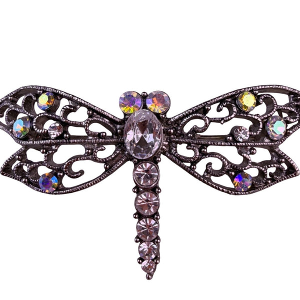 Vintage Silver Tone Dragonfly Brooch With Marcasite & Aurora Borealis Stones