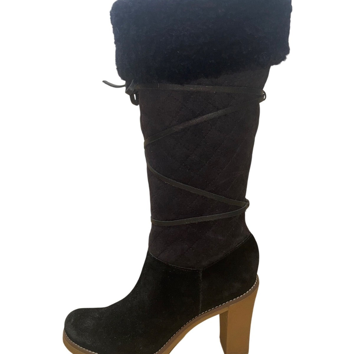 BCBGirls Women’s Black Suede & Faux Fur Quilted Heeled Knee-High Boots Size 8.5