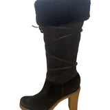 BCBGirls Women’s Black Suede & Faux Fur Quilted Heeled Knee-High Boots Size 8.5