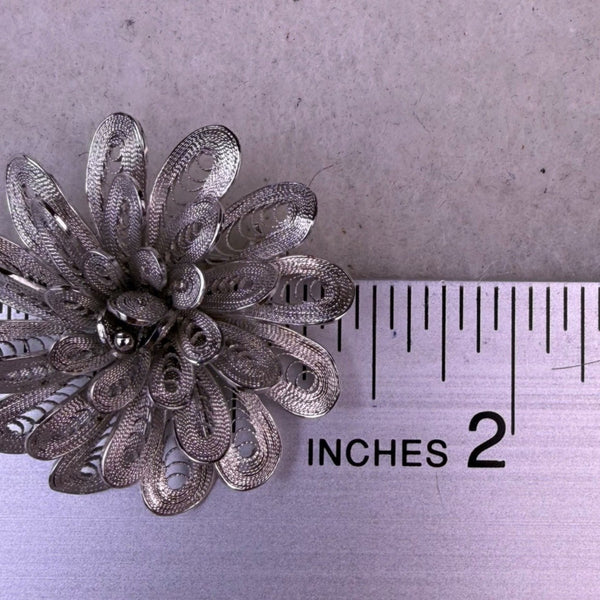Vintage 925 Silver Tone Womens Flower Filigree Brooch Pin Intricate Petal Design