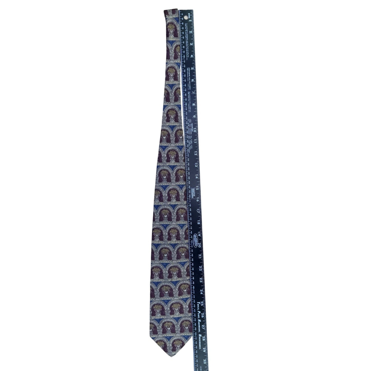 Bill Blass Mens Burgundy/Gold/Blue 100% Silk Patterned Necktie With Arch Motif