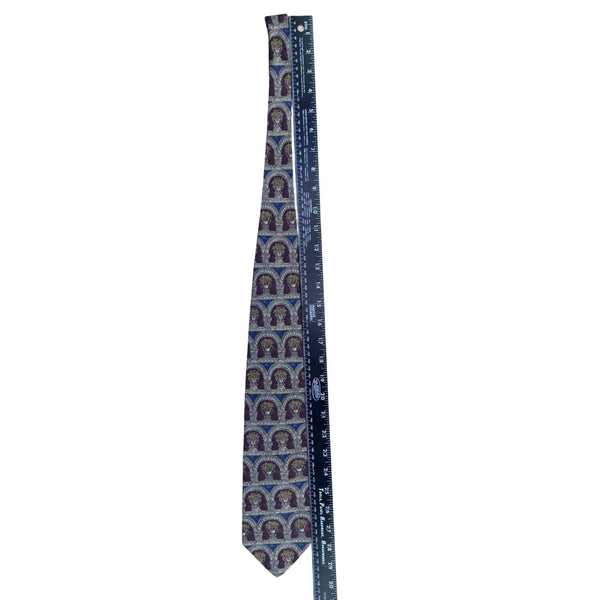 Bill Blass Mens Burgundy/Gold/Blue 100% Silk Patterned Necktie With Arch Motif