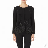 Chicos Womens Black Acrylic/Nylon/Wool Feather Trim Long Sleeve Cardigan Size 2
