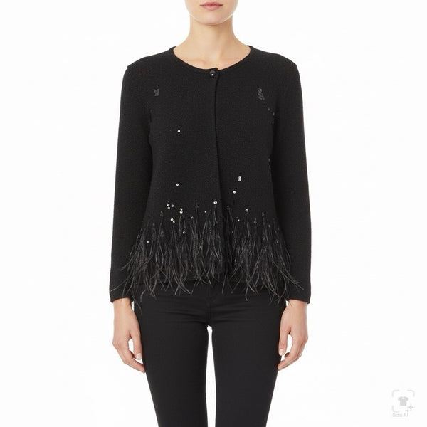 Chicos Womens Black Acrylic/Nylon/Wool Feather Trim Long Sleeve Cardigan Size 2