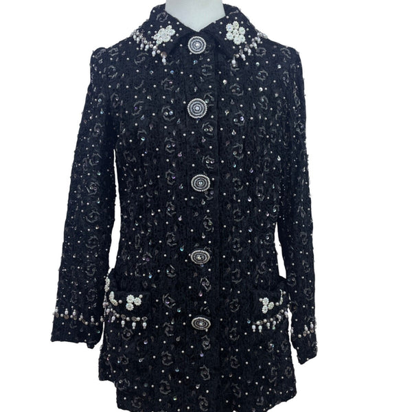 East Orient Womens Black Sequin & Pearl Embellished Jacket Size 8 Lightweight
