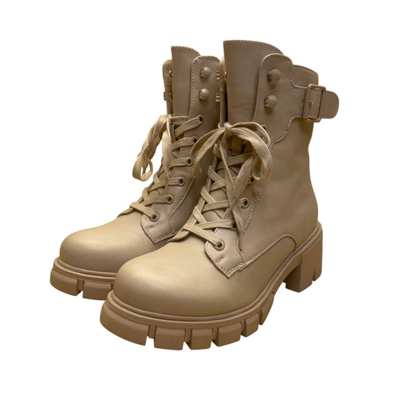 Mia Women’s Beige Side Zipper Chunky Lug Sole Mid-Calf Combat Boots Size 7.5M