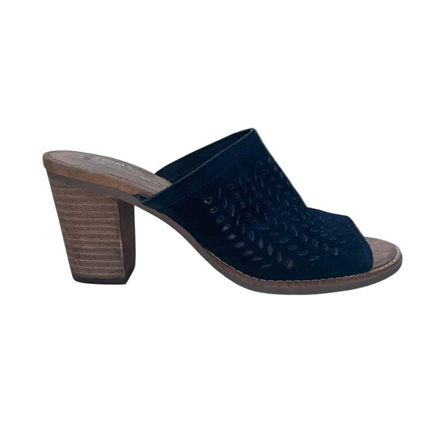 Toms Women’s Black & Brown Suede Laser-Cut Open-Toe Block Heel Sandals Size 7.5