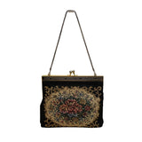 Vintage Women’s Black Floral Embroidered Gold Frame & Chain Strap Purse Handbag