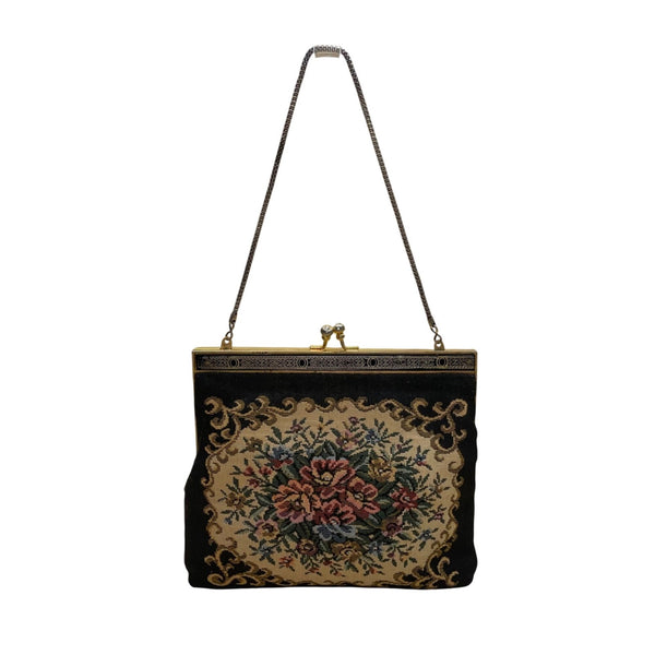 Vintage Women’s Black Floral Embroidered Gold Frame & Chain Strap Purse Handbag