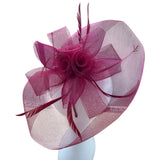 Saks Fifth Avenue Women Red Mesh Fascinator With Feathers Elegant Headwear