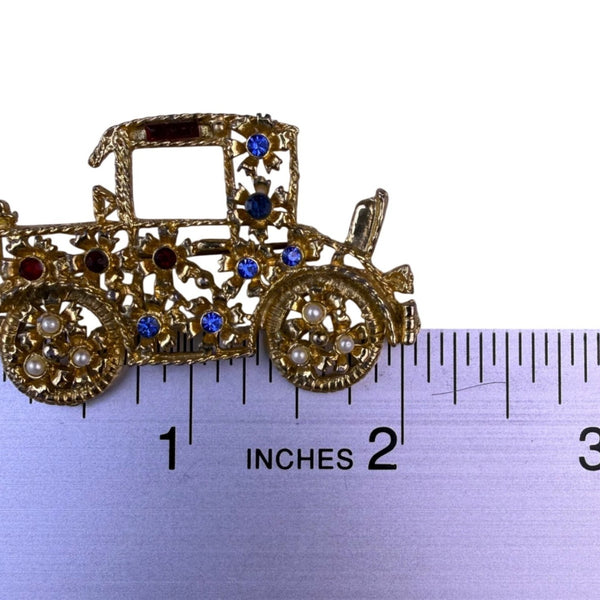 Vintage Gold-Tone Womens Brooch Model T Car Design Faux Pearls Rhinestones