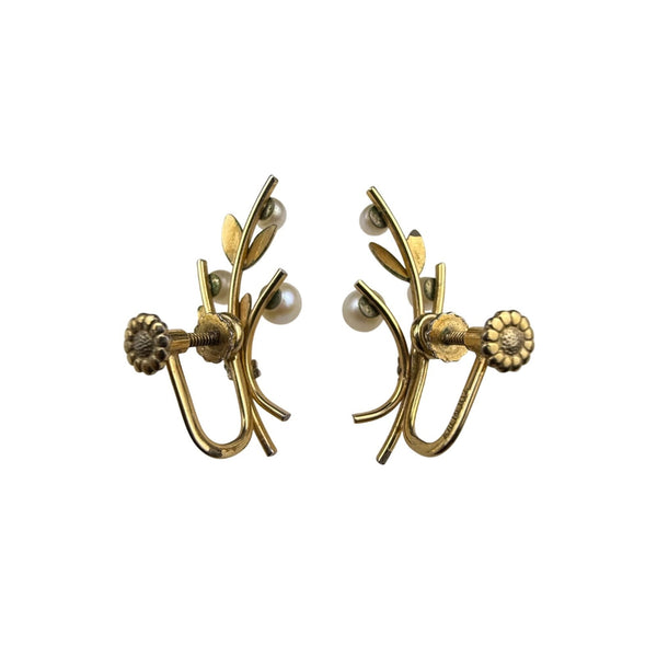 Krementz Vintage Gold Tone Screw Back Earrings Faux Pearl Floral Design