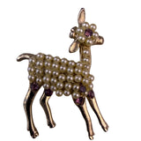 Vintage Unknown Gold Tone Deer Brooch Faux Pearls Purple Stone Accent