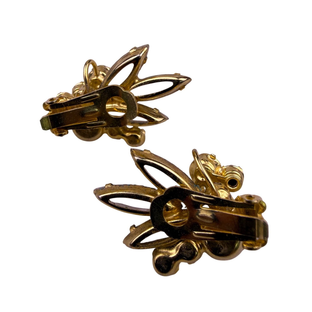 Vintage Gold Tone Rhinestone Clip-On Earrings & Floral Brooch Set
