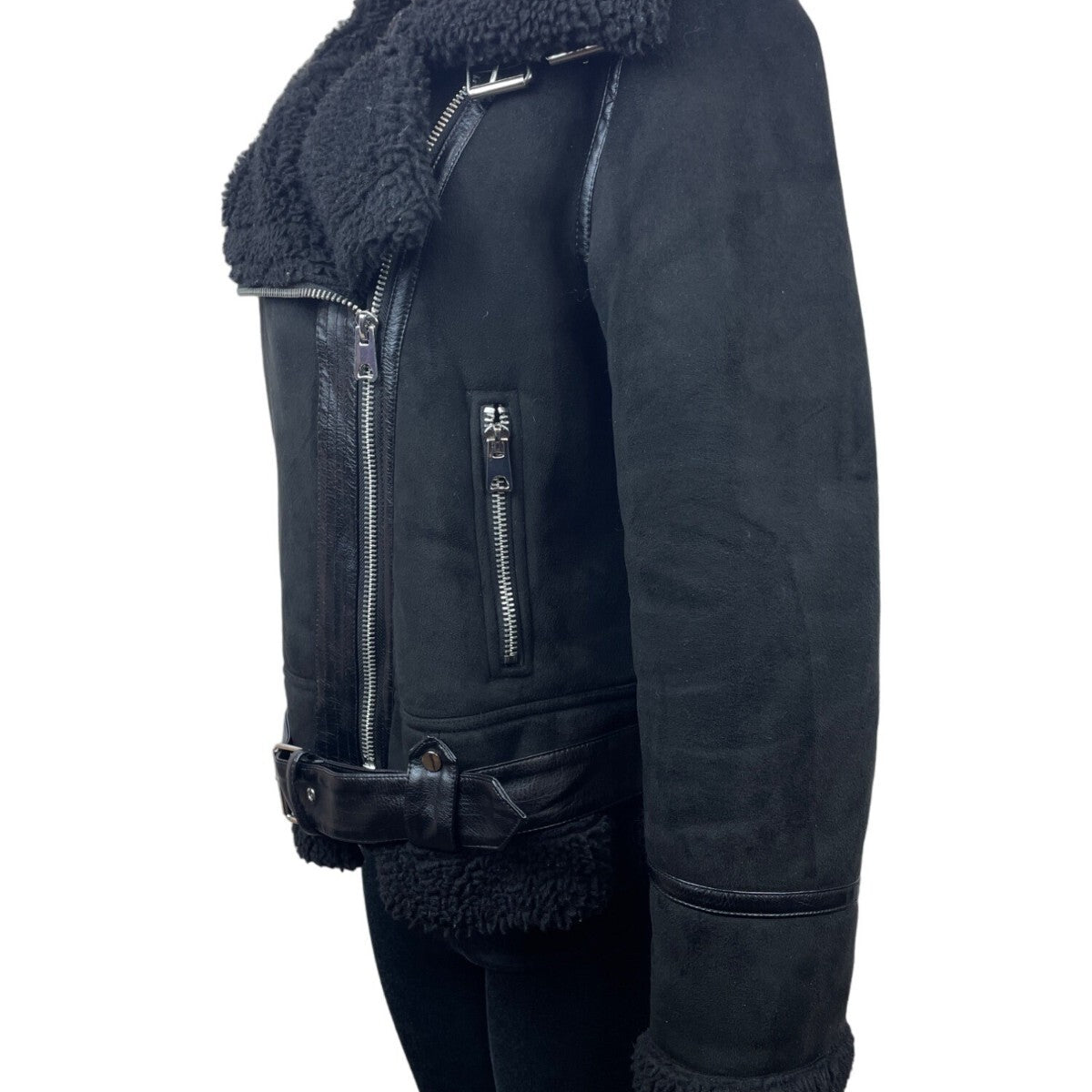 Zara Womens Black Moto Jacket With Belted Waist & Zipper Details Size L