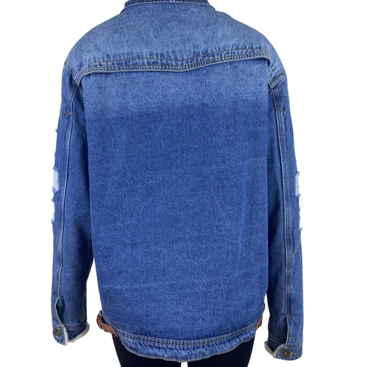 Omoone Women’s Blue Denim Jacket Distressed Pockets Button Closure Sz L