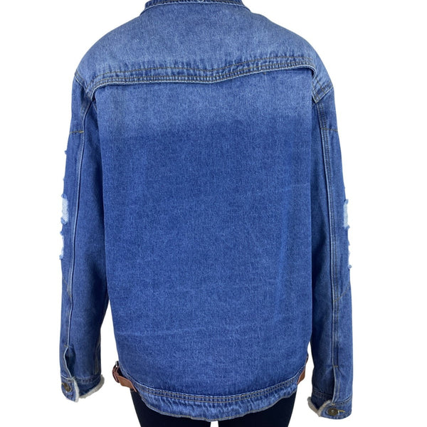 Omoone Women’s Blue Denim Jacket Distressed Pockets Button Closure Sz L