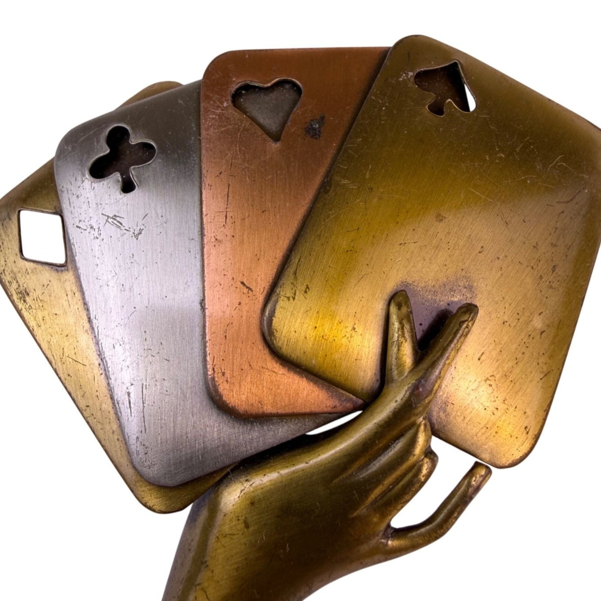 Vintage Victorian-Style Brass & Metal Multi-Tone Hand Holding Playing Cards Broo