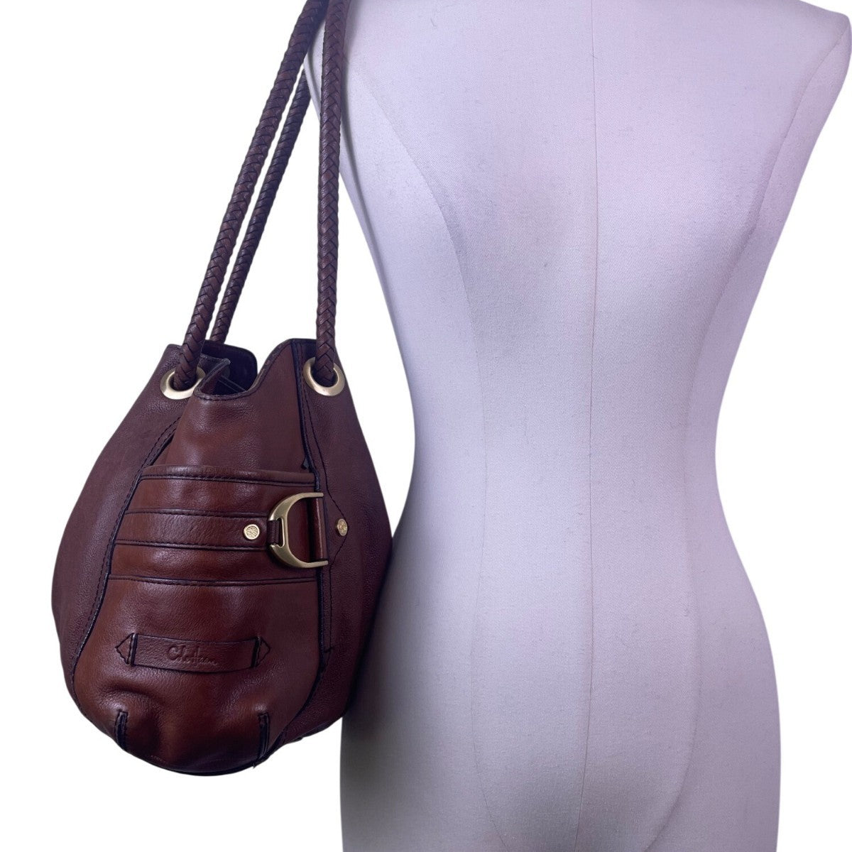 Cole Haan Women’s Brown Leather Drawstring Braided Handles Slouchy Shoulder Bag