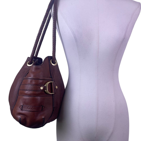Cole Haan Women’s Brown Leather Drawstring Braided Handles Slouchy Shoulder Bag